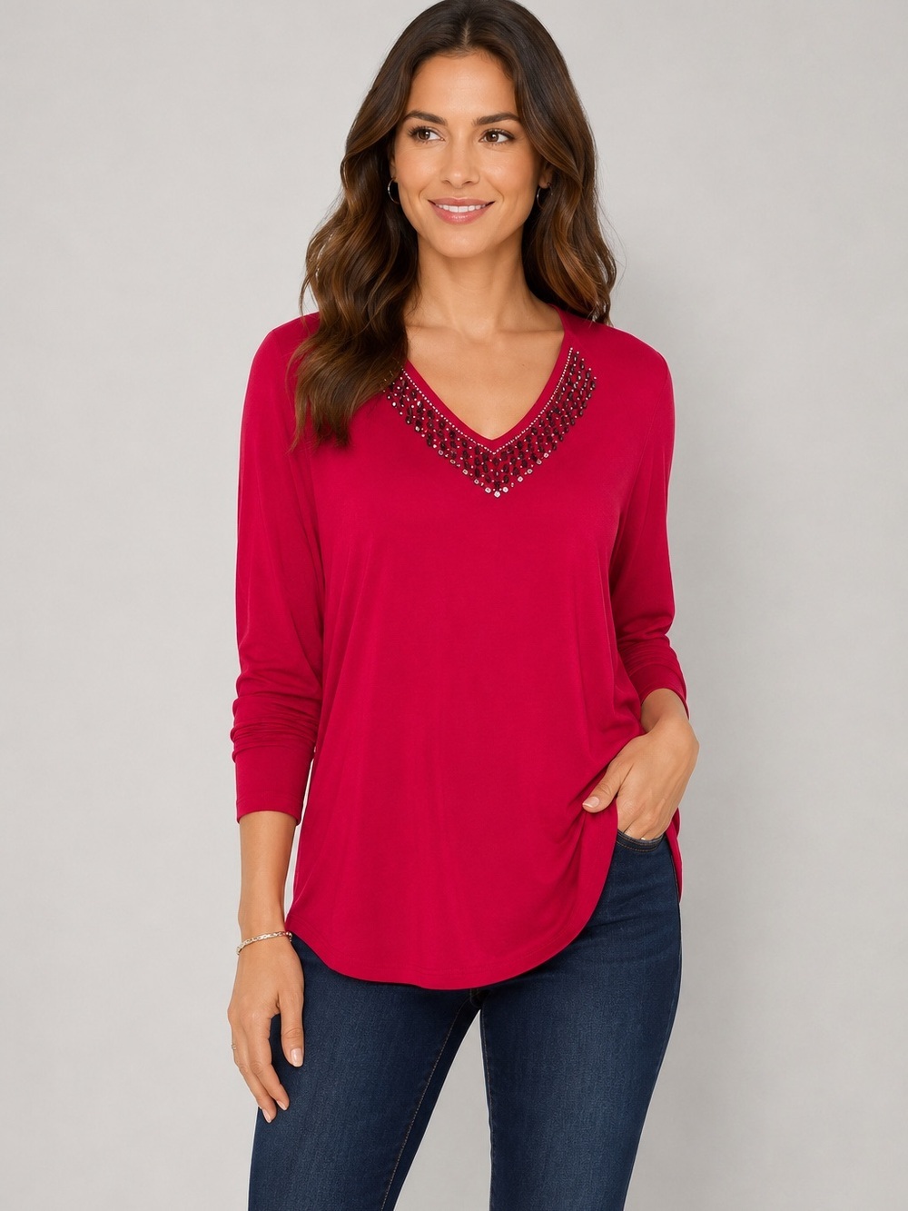 Michael Kors Tunic Top Women’s Size Medium Studded Red Long Sleeve Shirt BB